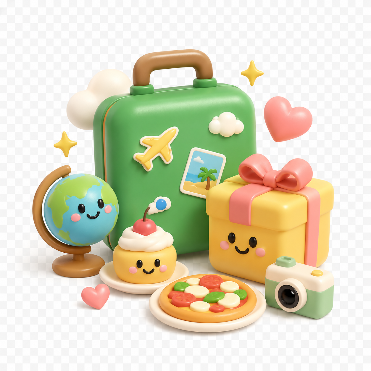초록색 여행가방, 선물상자, 지구본, 음식, 카메라가 함께 있는 취향맞추기 플랫폼 이미지