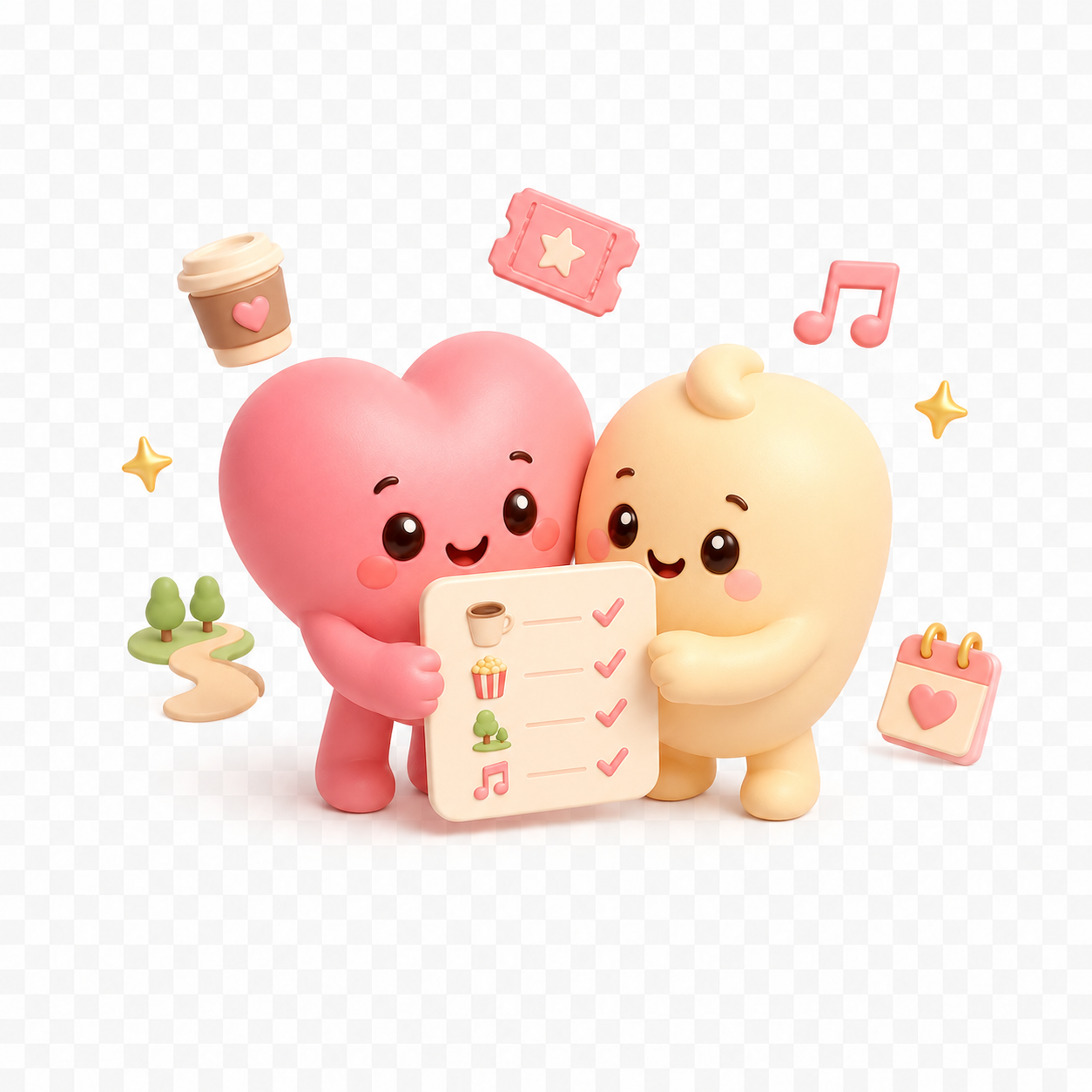 커플 캐릭터와 데이트 계획 카드 이미지